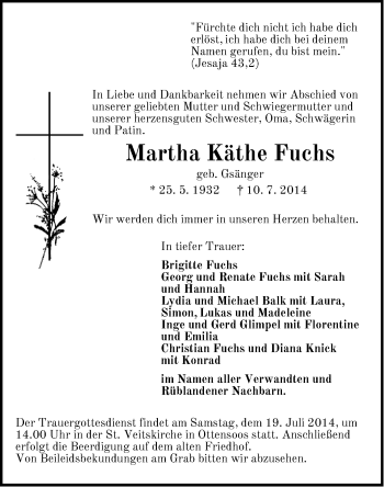 Traueranzeige von Martha Kaethe Fuchs von Pegnitz-Zeitung